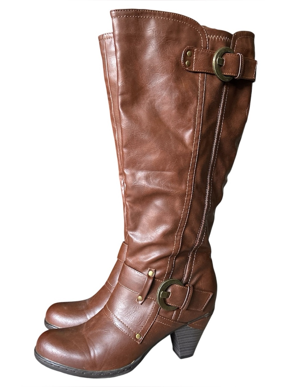 Y2K “Vangelo” Brown Faux Leather Style Buckle Knee-High Heeled Boots